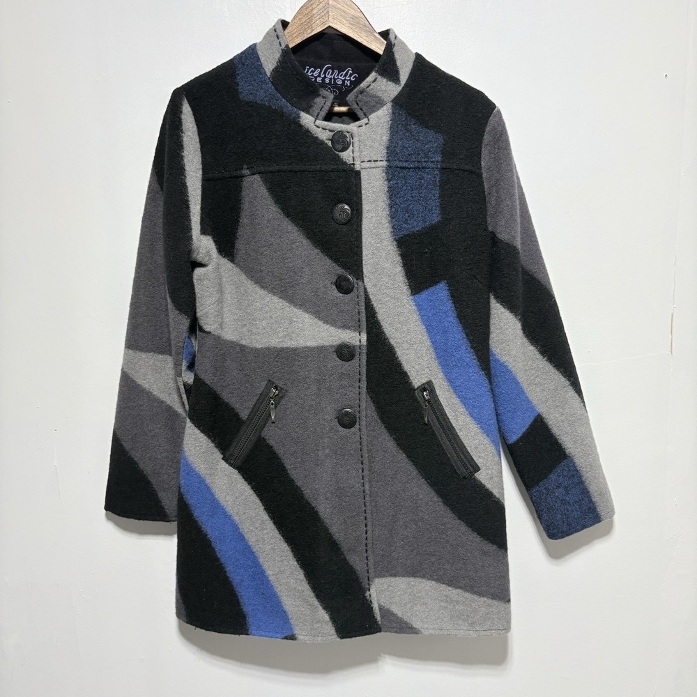 Icelandic Design Jacket Womens L Blue Black Colorblock Lined Button Front